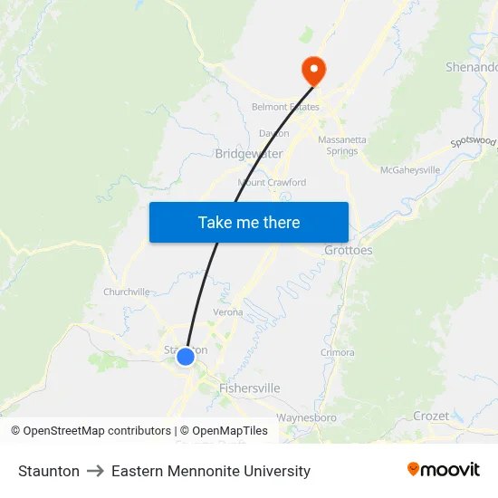 Staunton to Eastern Mennonite University map