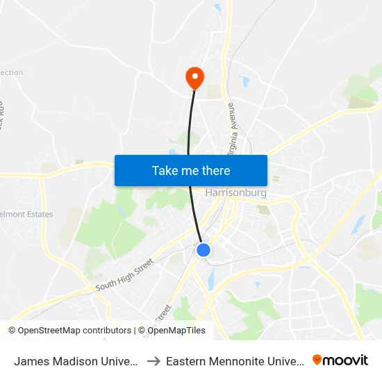 James Madison University to Eastern Mennonite University map