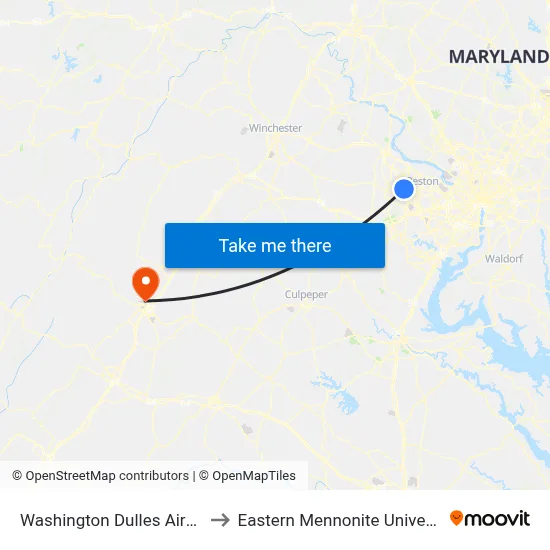 Washington Dulles Airport to Eastern Mennonite University map