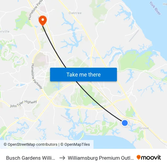 Busch Gardens Williamsburg to Williamsburg Premium Outlets #2077 map