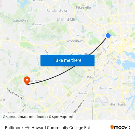 Baltimore to Howard Community College Esl map