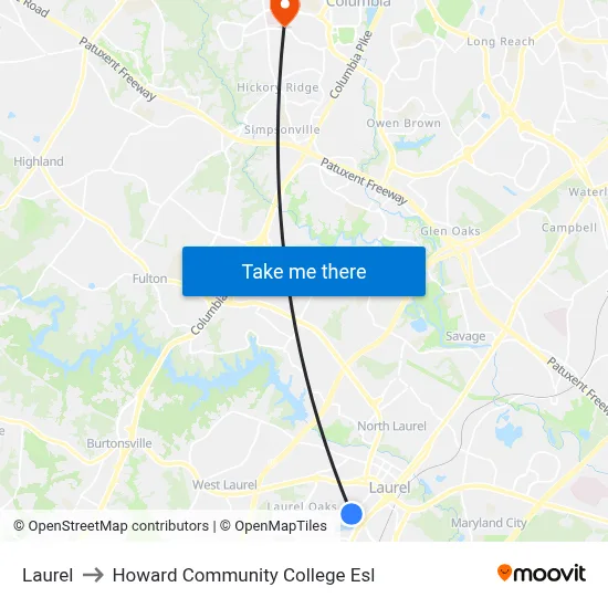 Laurel to Howard Community College Esl map