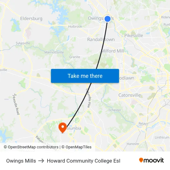 Owings Mills to Howard Community College Esl map
