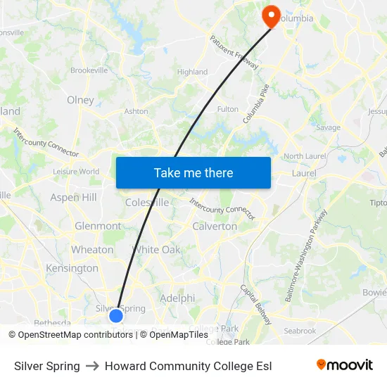 Silver Spring to Howard Community College Esl map
