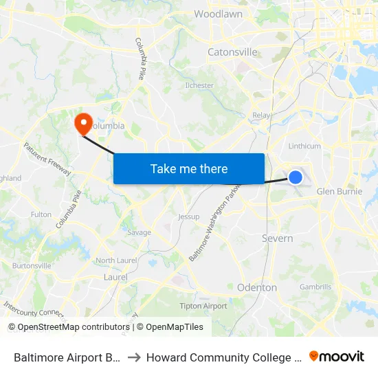 Baltimore Airport BWI to Howard Community College Esl map