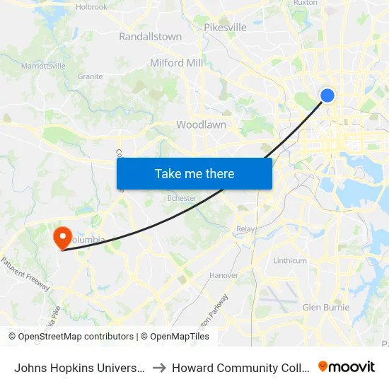 Johns Hopkins University Olin to Howard Community College Esl map