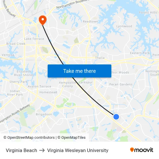 Virginia Beach to Virginia Wesleyan University map