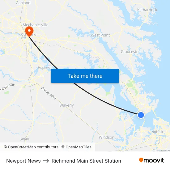 Newport News to Richmond Main Street Station map