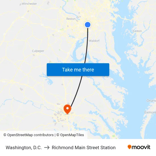 Washington, D.C. to Richmond Main Street Station map