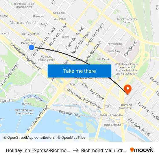 Holiday Inn Express-Richmond Downtown to Richmond Main Street Station map