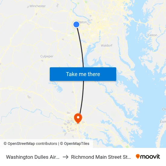 Washington Dulles Airport to Richmond Main Street Station map