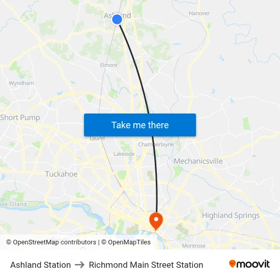Ashland Station to Richmond Main Street Station map