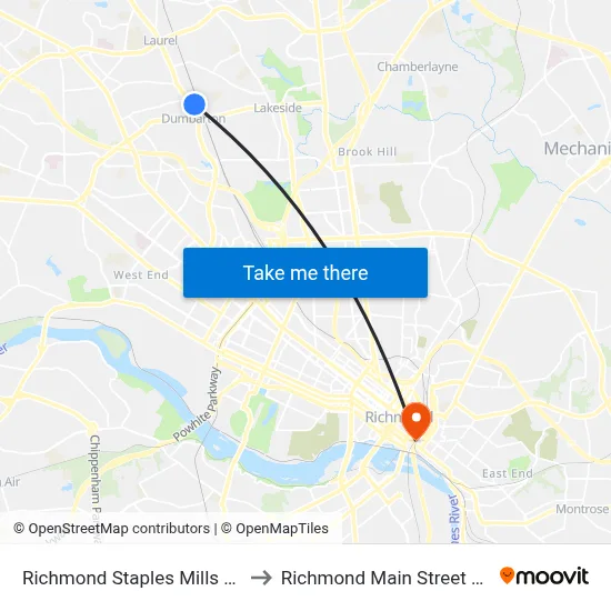 Richmond Staples Mills Station to Richmond Main Street Station map