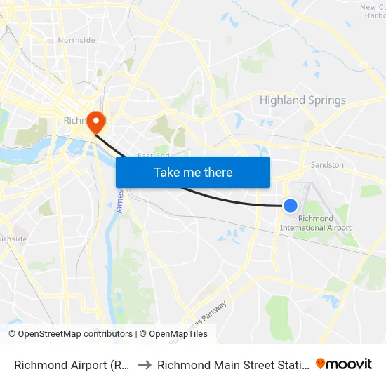 Richmond Airport (RIC) to Richmond Main Street Station map
