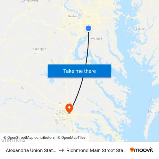 Alexandria Union Station to Richmond Main Street Station map