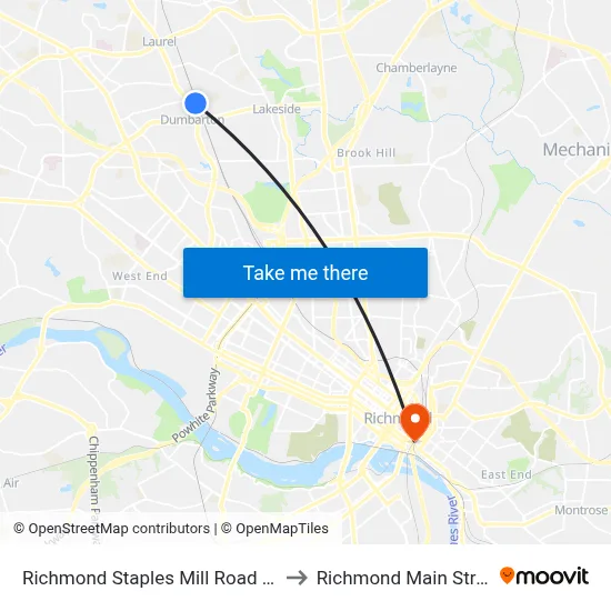 Richmond Staples Mill Road Amtrak Station to Richmond Main Street Station map