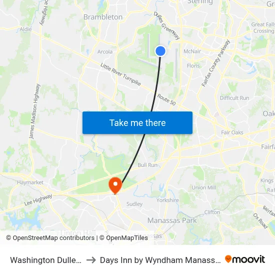 Washington Dulles Airport to Days Inn by Wyndham Manassas Battlefield map