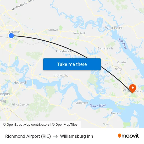 Richmond Airport (RIC) to Williamsburg Inn map