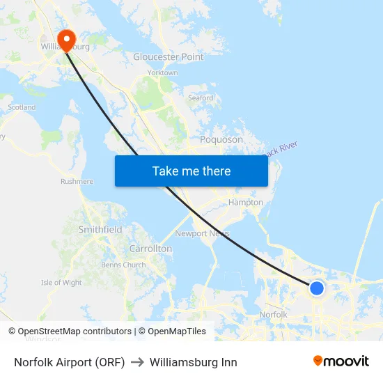 Norfolk Airport (ORF) to Williamsburg Inn map