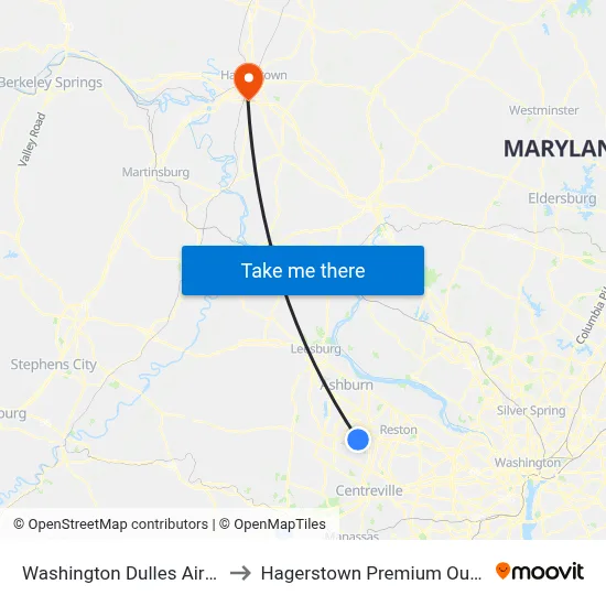 Washington Dulles Airport to Hagerstown Premium Outlets map