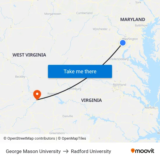 George Mason University to Radford University map