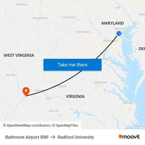 Baltimore Airport BWI to Radford University map