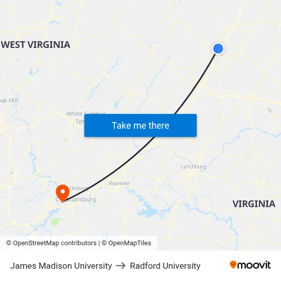 James Madison University to Radford University map