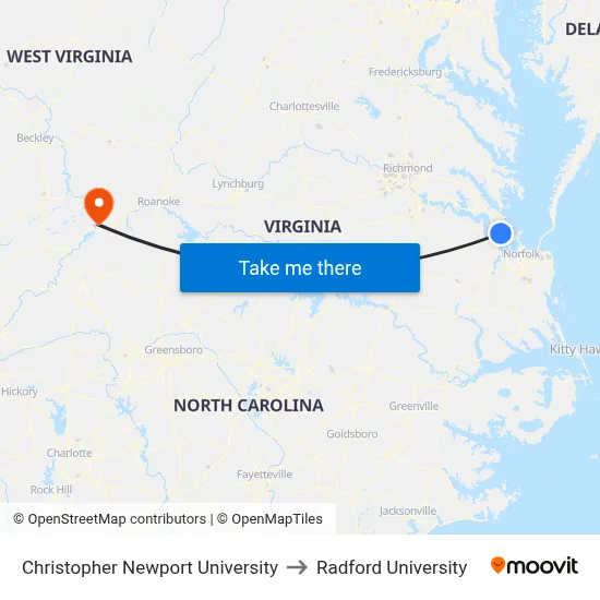 Christopher Newport University to Radford University map