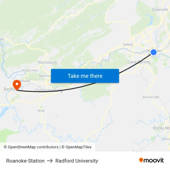 Roanoke-Station to Radford University map