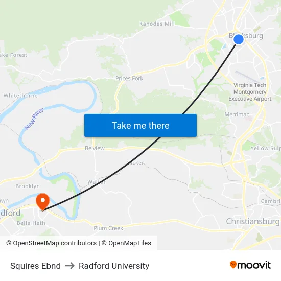 Squires Ebnd to Radford University map