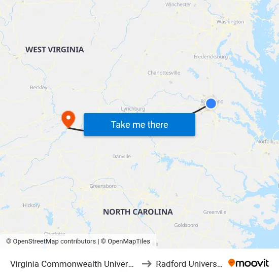 Virginia Commonwealth University to Radford University map
