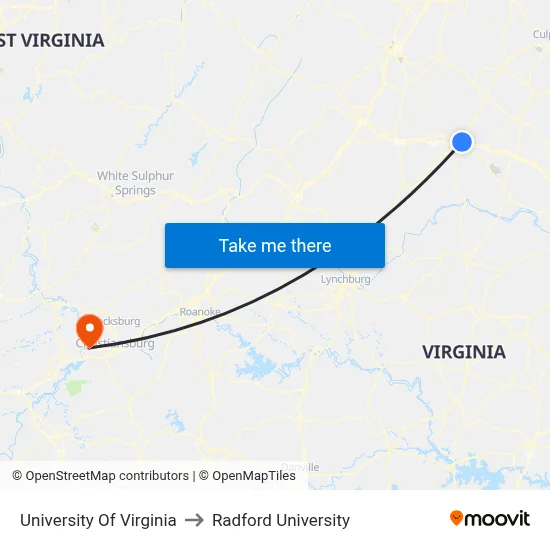 University Of Virginia to Radford University map