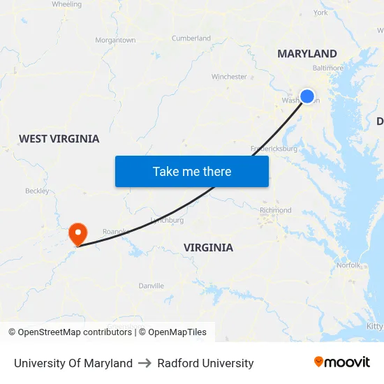 University Of Maryland to Radford University map