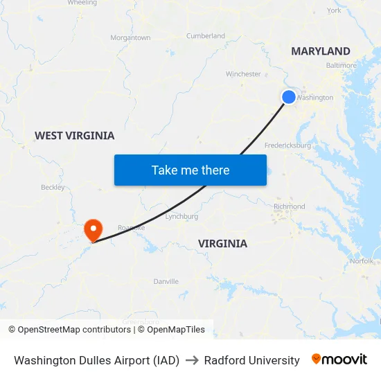Washington Dulles Airport (IAD) to Radford University map