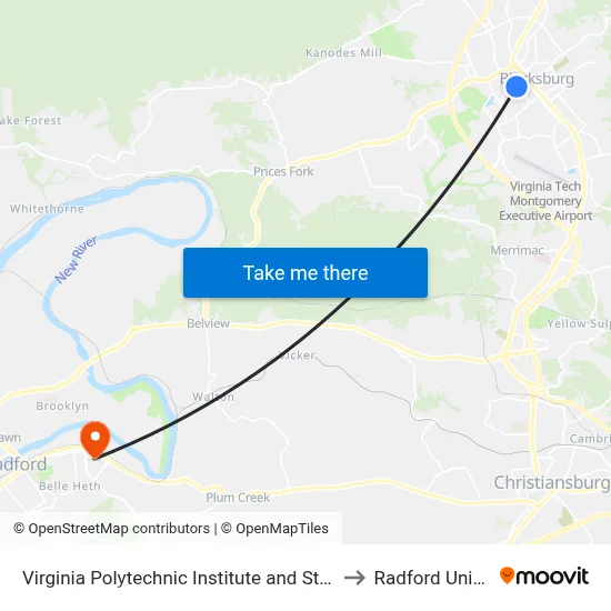 Virginia Polytechnic Institute and State University to Radford University map