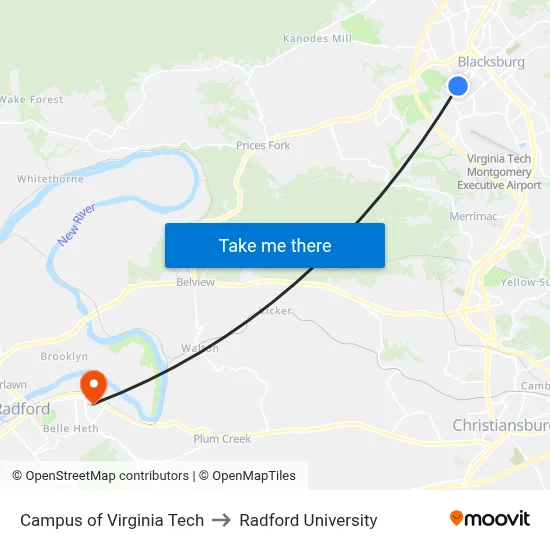 Campus of Virginia Tech to Radford University map