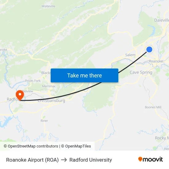 Roanoke Airport (ROA) to Radford University map