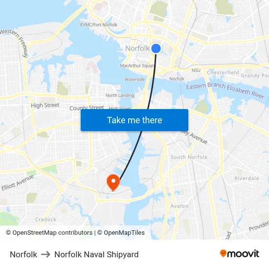 Norfolk to Norfolk Naval Shipyard map
