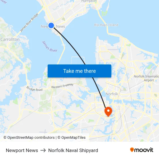 Newport News to Norfolk Naval Shipyard map