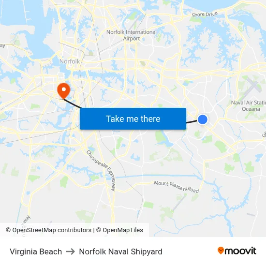 Virginia Beach to Norfolk Naval Shipyard map