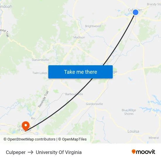 Culpeper to University Of Virginia map