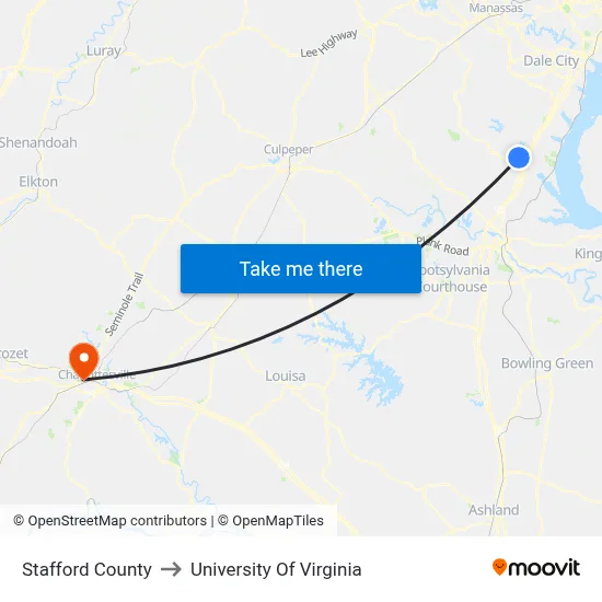 Stafford County to University Of Virginia map