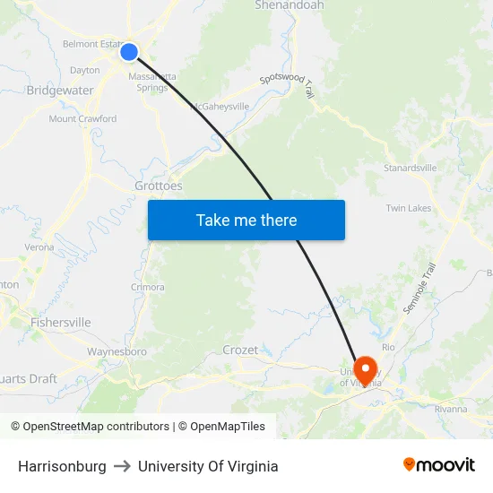 Harrisonburg to University Of Virginia map