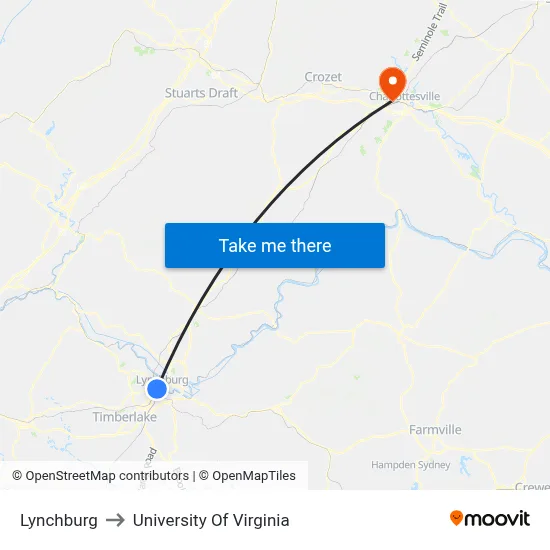Lynchburg to University Of Virginia map