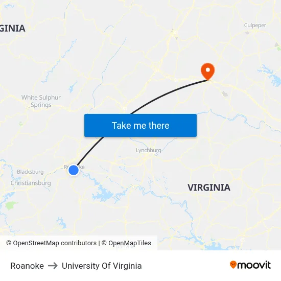 Roanoke to University Of Virginia map