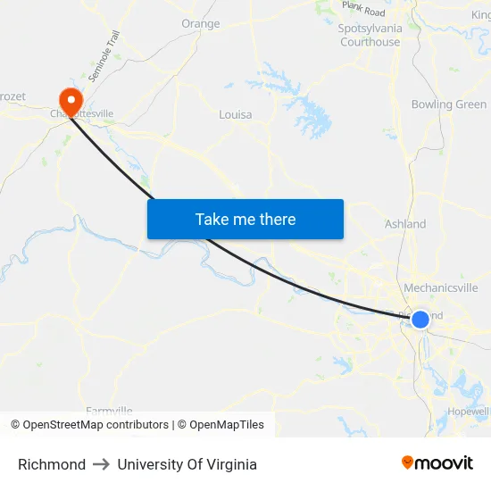 Richmond to University Of Virginia map