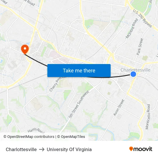 Charlottesville to University Of Virginia map