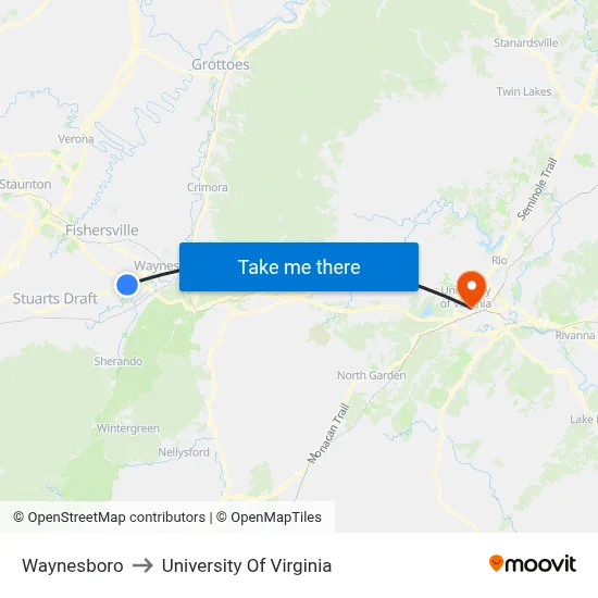 Waynesboro to University Of Virginia map