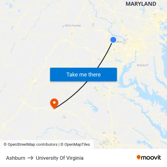 Ashburn to University Of Virginia map