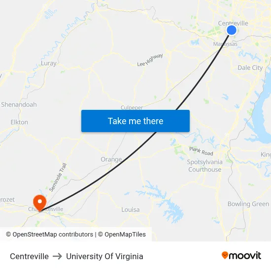 Centreville to University Of Virginia map
